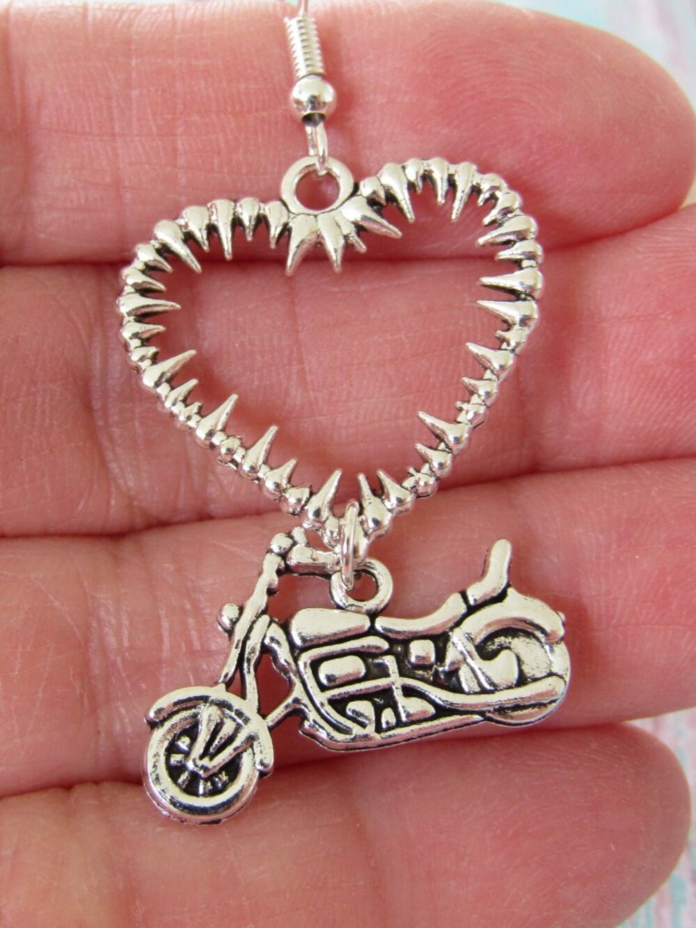 Thorns Heart & Motorcycle Charm Harley Girl Dangle Silverplate Earrings